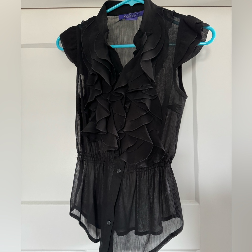 Women’s black ruffle sheer tank. Size. M